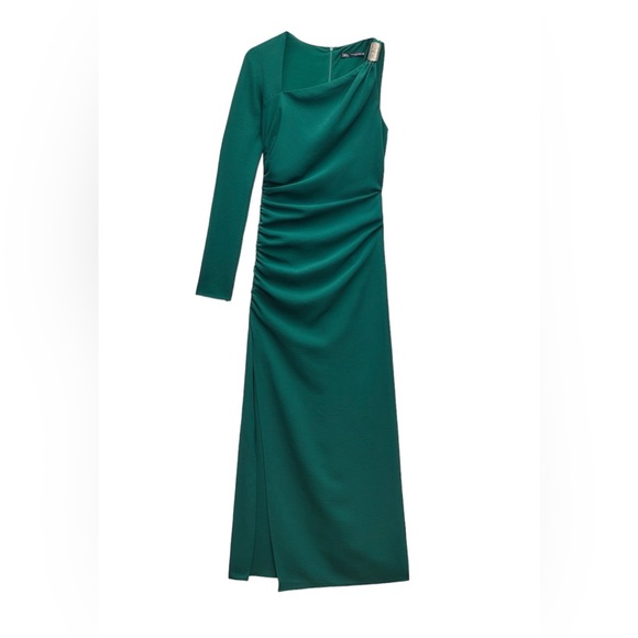 ZARA New Stunning Medium Gold Metal Piece Asymmetric Green MIDI Dress Front Slit - Picture 3 of 15